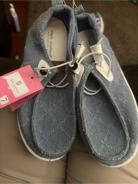 Simply Southern Light Blue Denim Slip-On Kids Sneakers